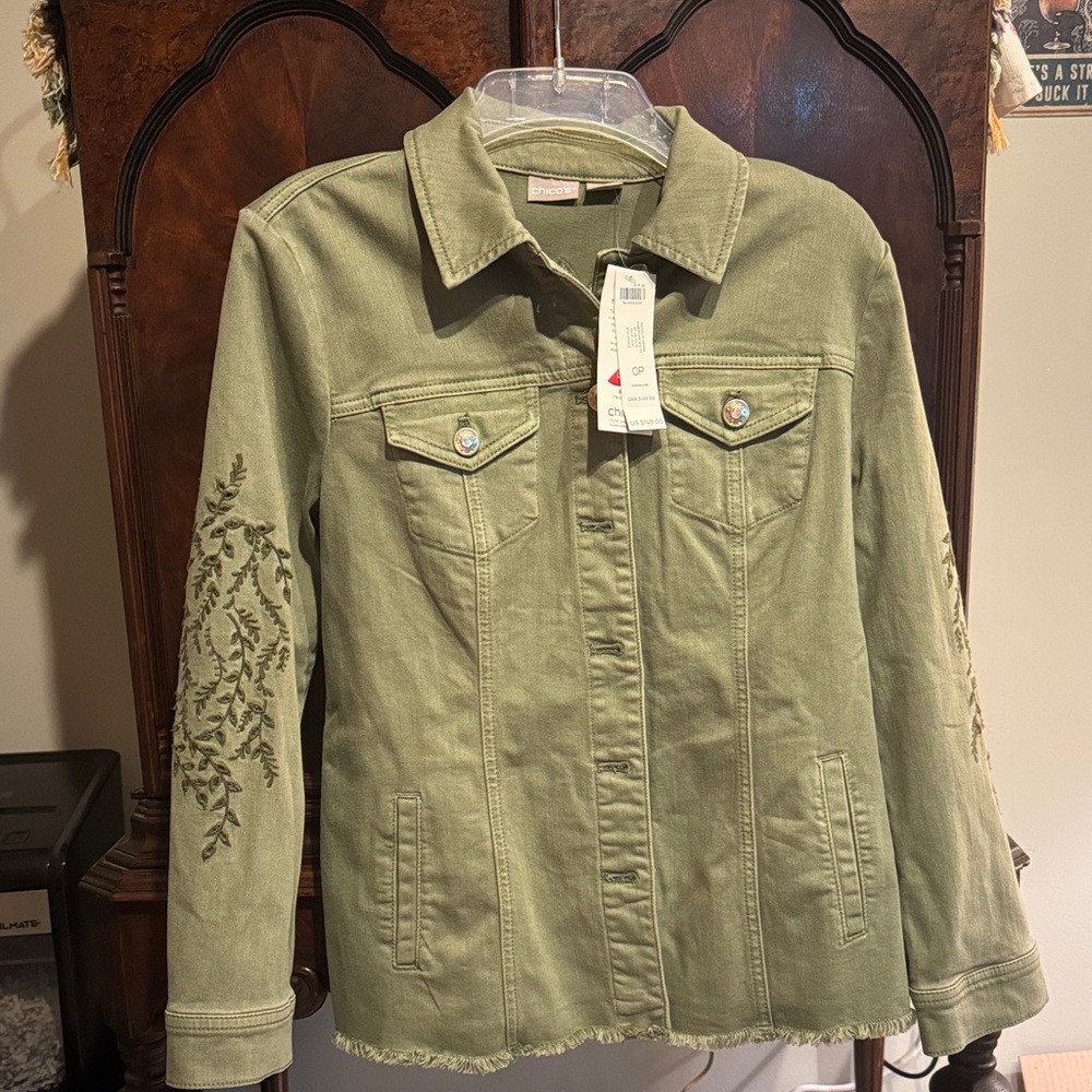 Chico's Sage Green Utility Jacket with Embroidery